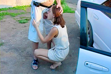 Deep blowjob in the car and outdoors